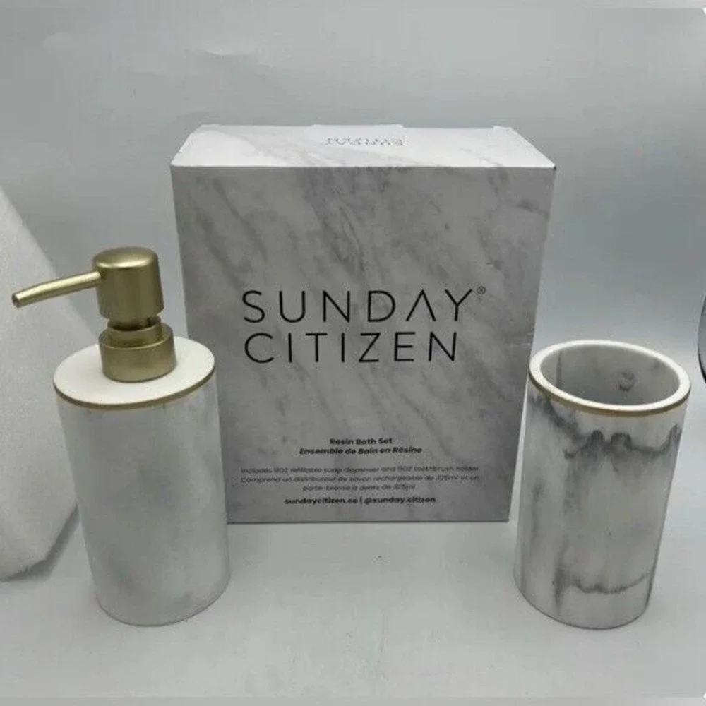 Sunday Citizen Bathroom Set Soap Dispenser & Toothbrush Cup - Marble Look Vanity